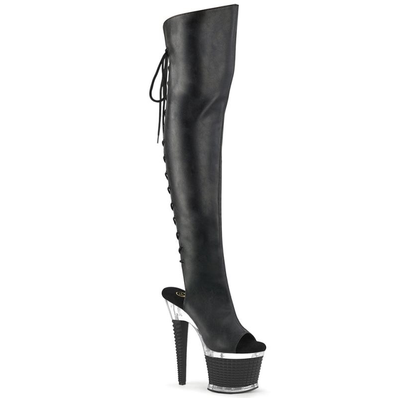 Pleaser Spectator-3019 Vegan Leather Women\'s Thigh High Boots Black / Clear | NZ JXFTNR