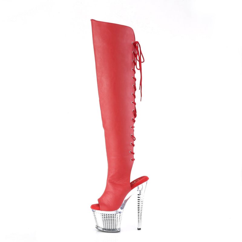 Pleaser Spectator-3019 Vegan Leather Women's Thigh High Boots Red / Clear | NZ LAQINK