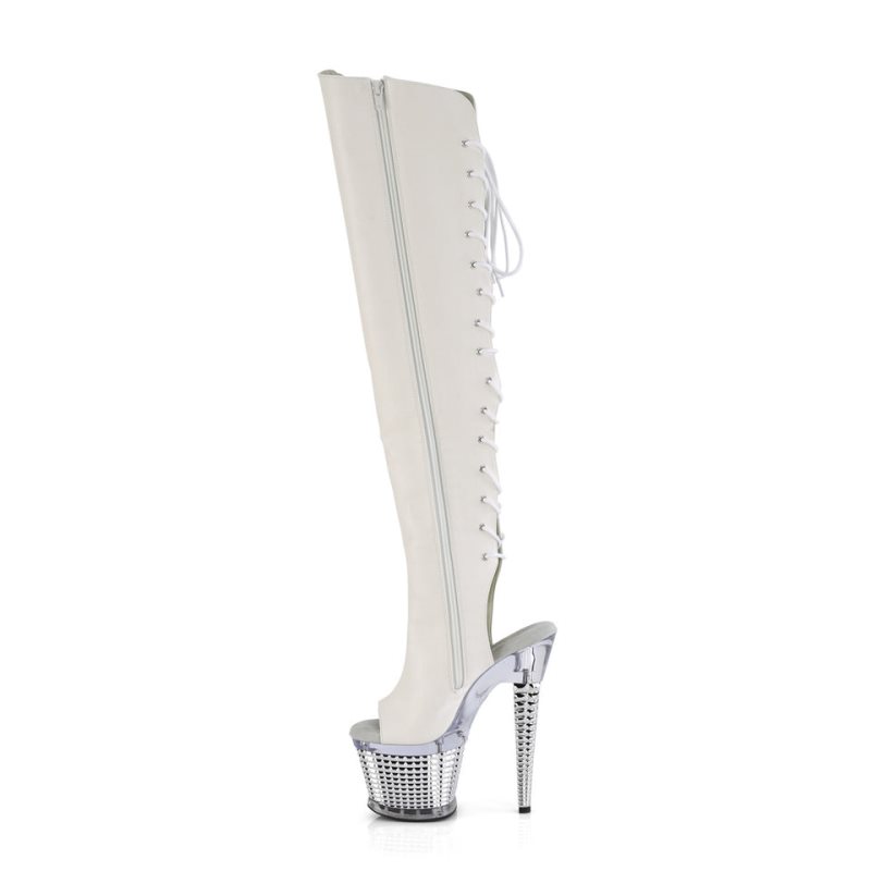 Pleaser Spectator-3019 Vegan Leather Women's Thigh High Boots White / Clear | NZ CJAOMZ