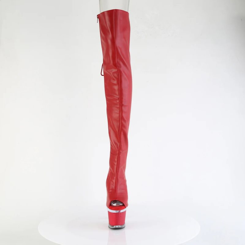 Pleaser Spectator-3030 Faux Leather Women's Thigh High Boots Red / Clear | NZ RGAZVU