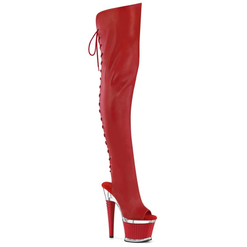 Pleaser Spectator-3030 Faux Leather Women\'s Thigh High Boots Red / Clear | NZ RGAZVU