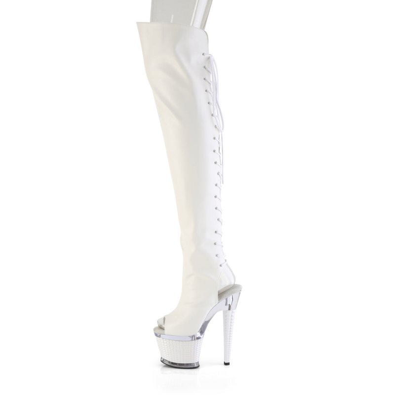 Pleaser Spectator-3030 Faux Leather Women's Thigh High Boots White / Clear | NZ JZDBML