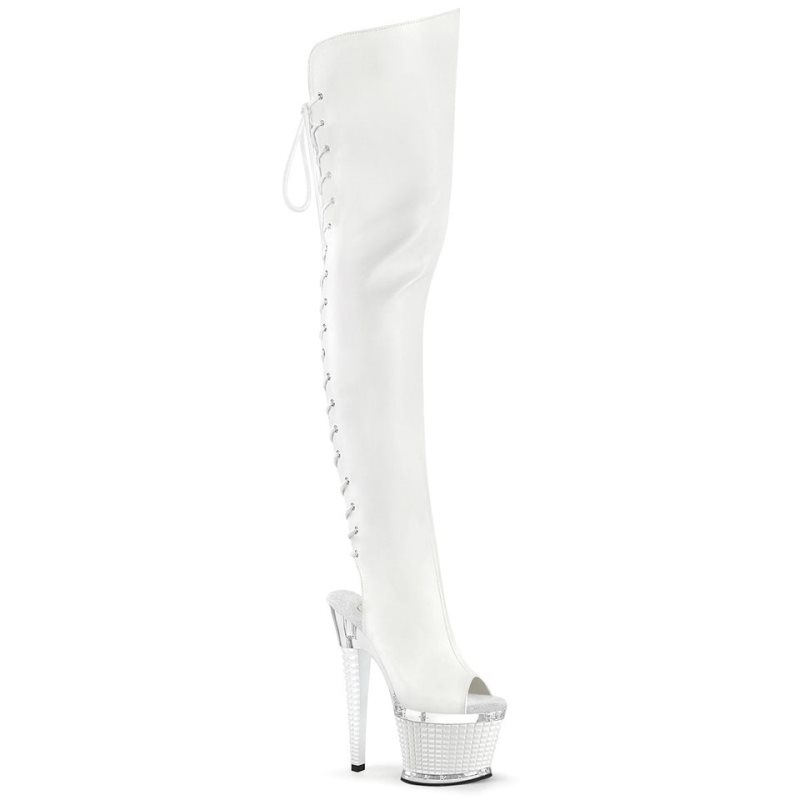 Pleaser Spectator-3030 Faux Leather Women\'s Thigh High Boots White / Clear | NZ JZDBML